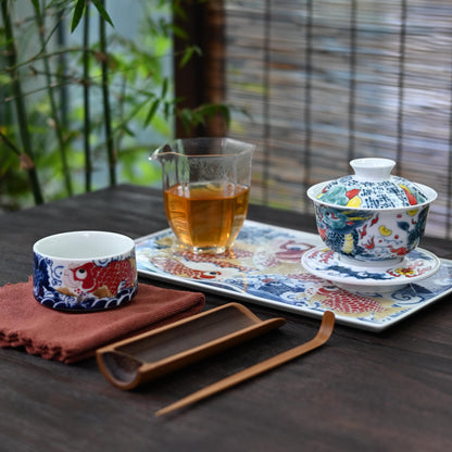 Underglaze multicolor hand-painted Gaiwan with Chinese-style patterns of  Qilin and calligraphy