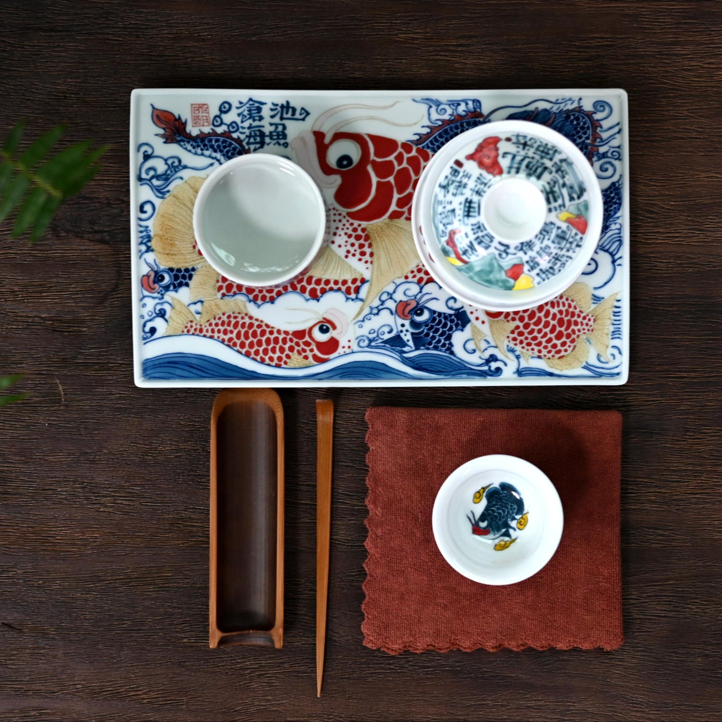 Underglaze multicolor hand-painted Gaiwan with Chinese-style patterns of  Qilin and calligraphy