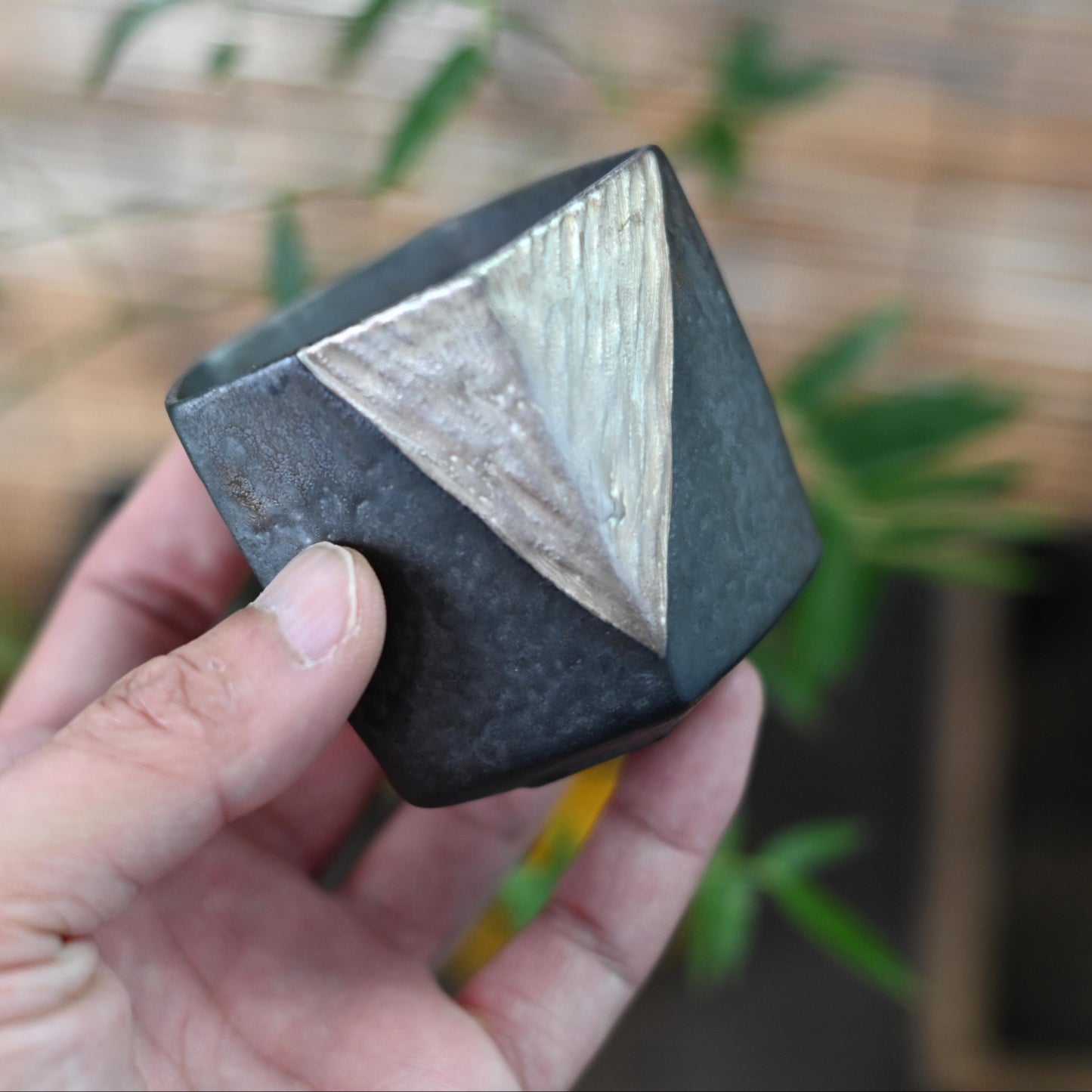 Wabi-sabi Style Rustic Pottery Pentagonal Tea Cup with Triangle  Silver-Outlined  Patterns