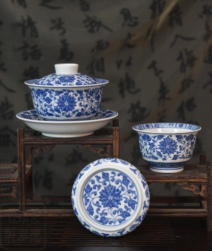 Jingdezhen blau-weißes Teekannen-Set mit Lotus-Rollmuster