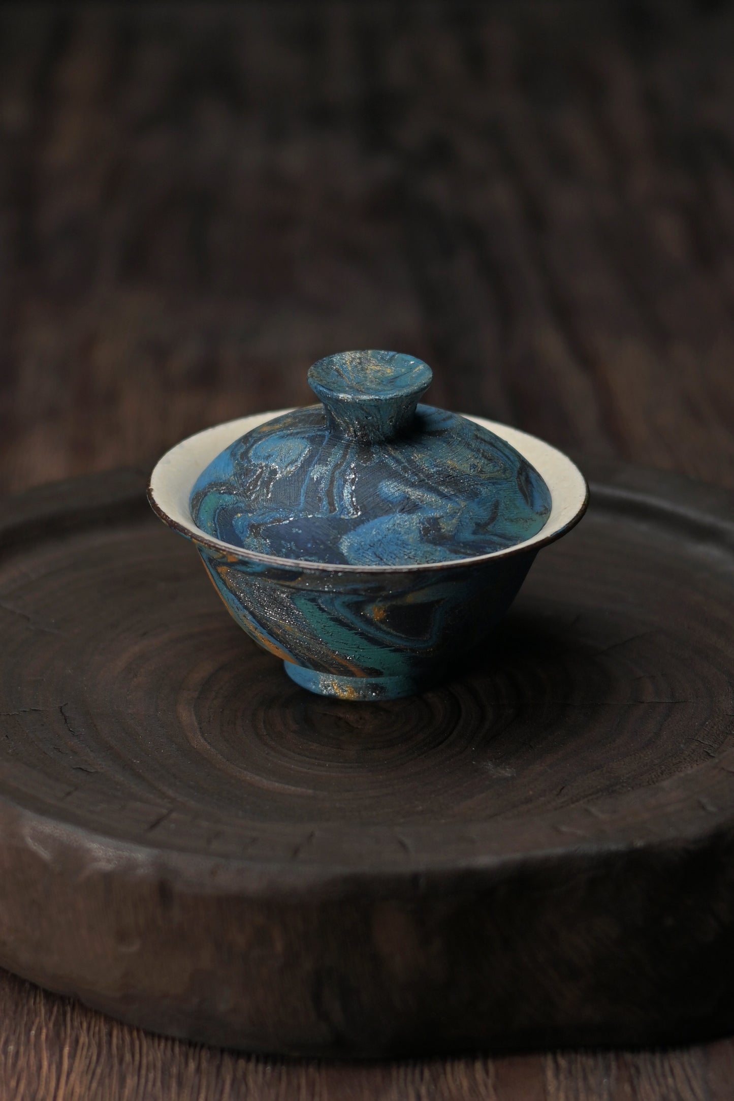 Unique Piece Galaxy-Inspired Kohiki Lidded Bowl with Japanese Urushi Lacquer  Gaiwan