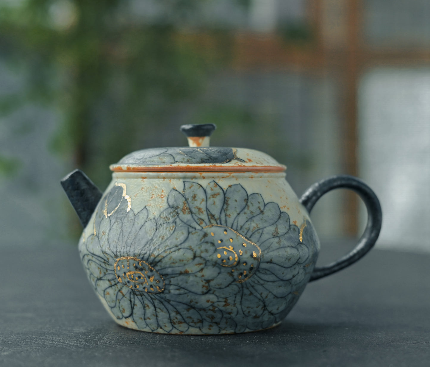 Lotus Pattern Vocanic Stone-Inspired Caramel Glaze Vintage Teapot