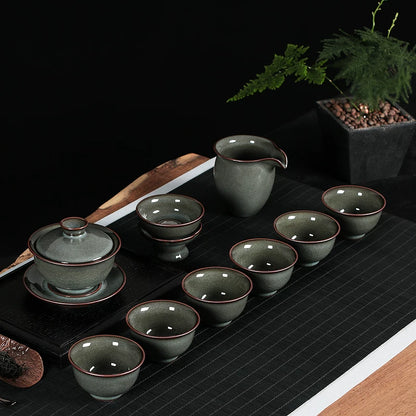 Longquan Celadon Ge Kiln  "Forest Green" 10-Piece Gongfu Tea Set