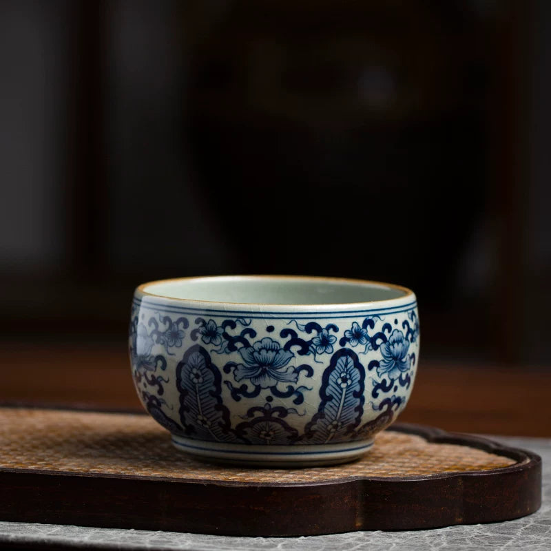 Hand-Painted Blue and White Porcelain Plantain Leaf Teacup 110ml