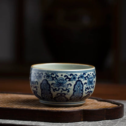 Hand-Painted Blue and White Porcelain Plantain Leaf Teacup 110ml