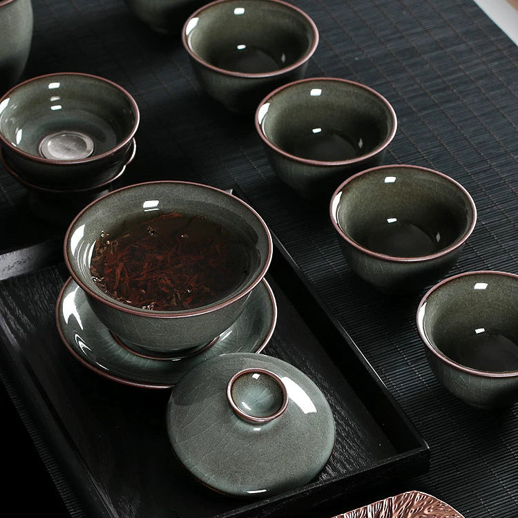 Longquan Celadon Ge Kiln  "Forest Green" 10-Piece Gongfu Tea Set