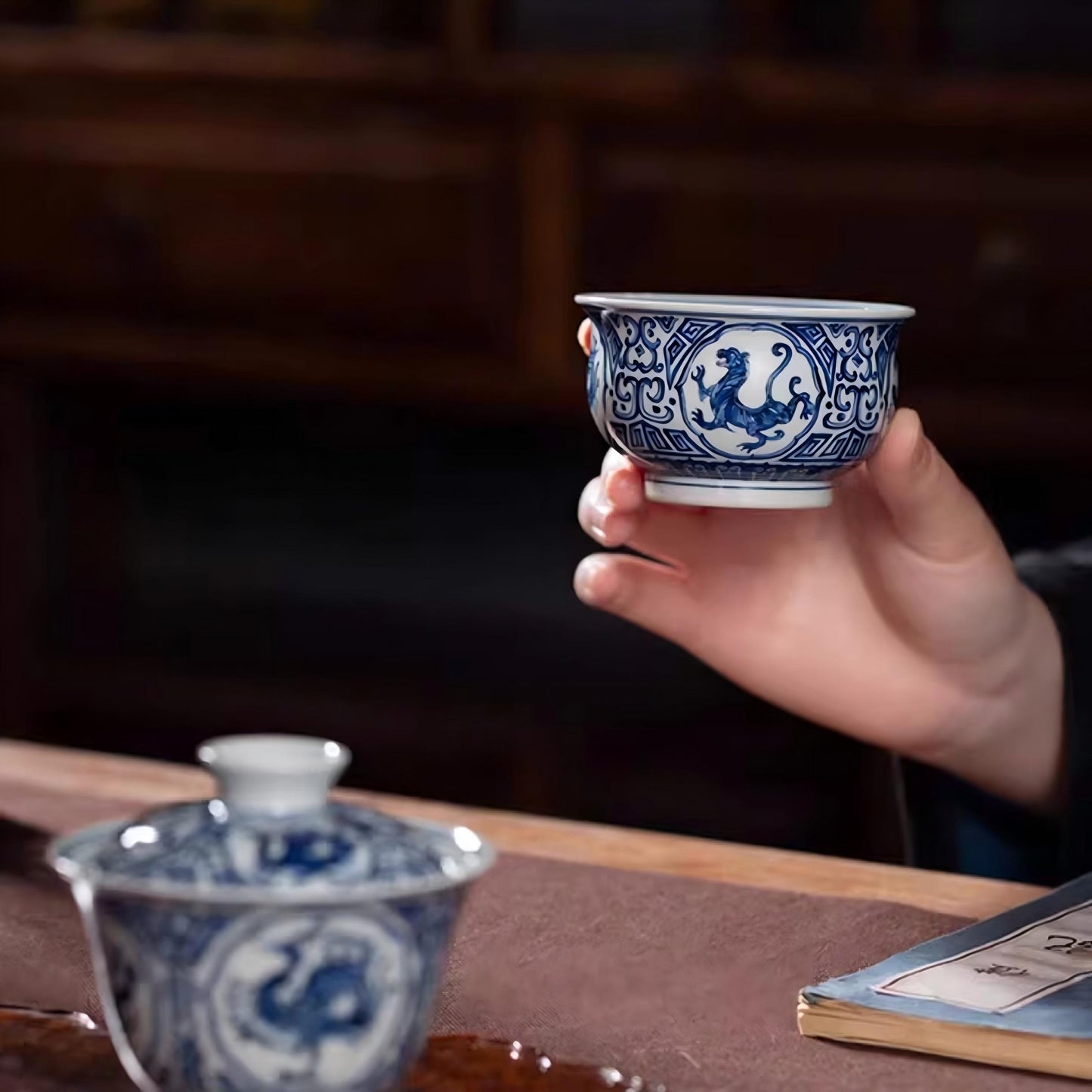 Four Guardians Hand-Painted Blue & White Porcelain Teacup 135ml