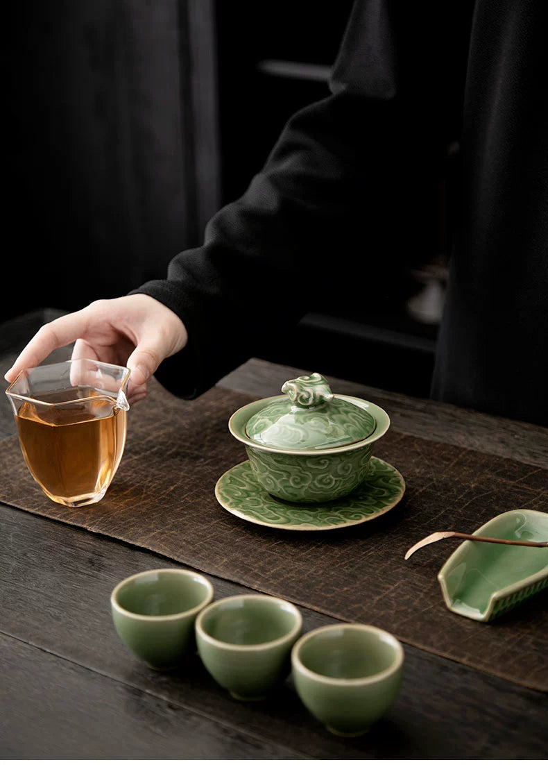 Longquan Celadon Gaiwan with Auspicious Cloud Relief