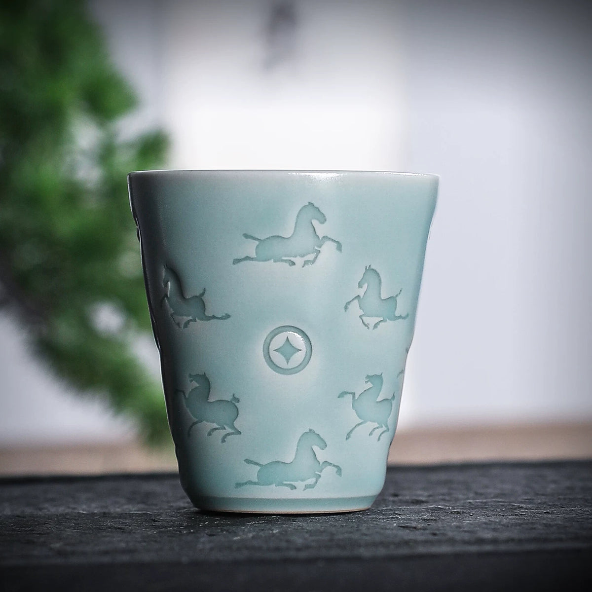 Longquan Celadon Hand-Carved "Horse & Wealth" Teacup 50ml