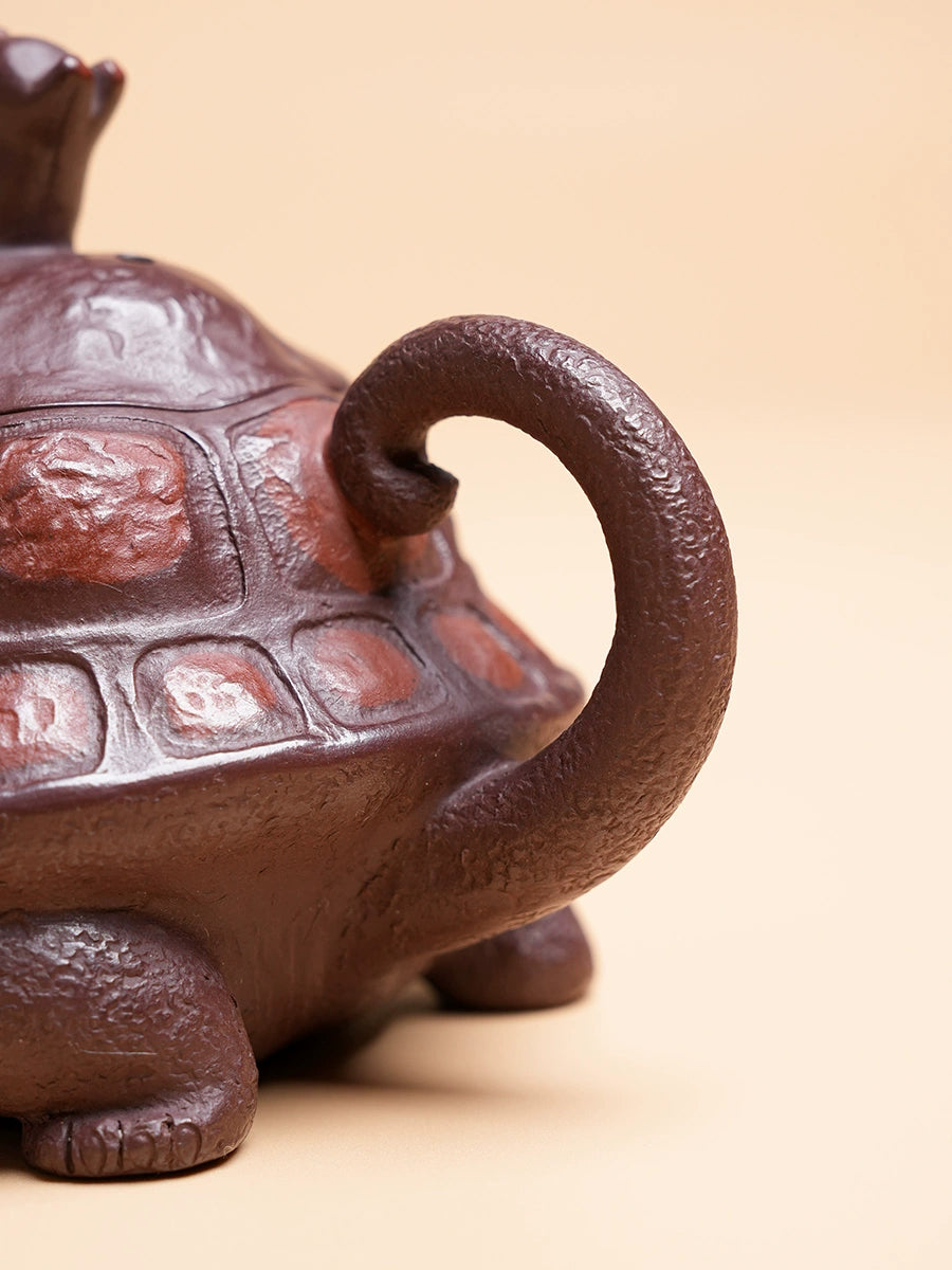 Yixing Zisha Handmade “Longevity Turtle” Teapot with Jade Rabbit Lid