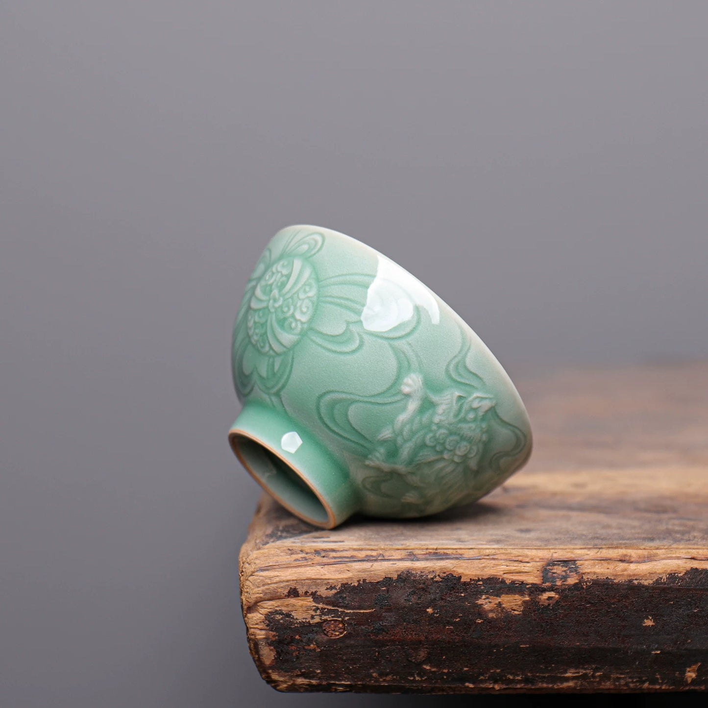 Longquan Celadon “Lion Playing with Ball” Plum-Green Teacup 100ml