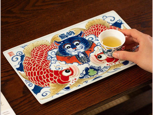 Underglaze Polychrome Dragon and Fish Dry Tea Tray