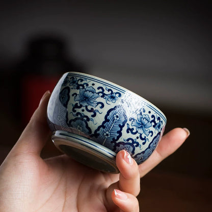Hand-Painted Blue and White Porcelain Plantain Leaf Teacup 110ml
