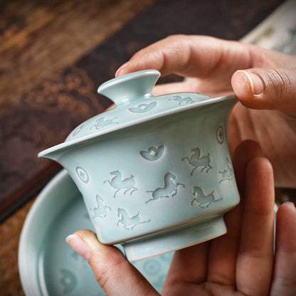 Longquan Celadon Hand-Carved  "Horse & Wealth" Gaiwan 150ml