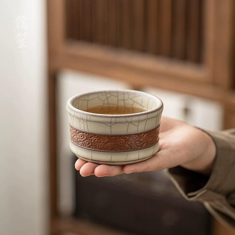 Longquan Celadon Ge Kiln Crackle Carved Hand Teacup