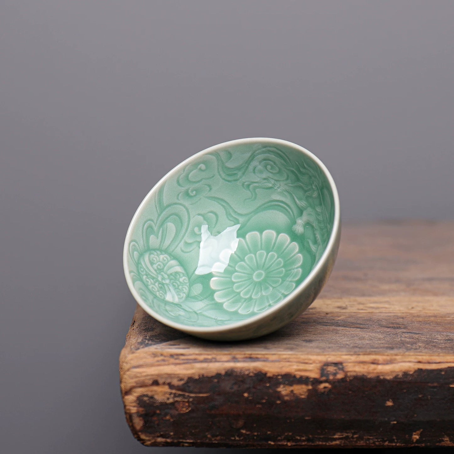 Longquan Celadon “Lion Playing with Ball” Plum-Green Teacup 100ml