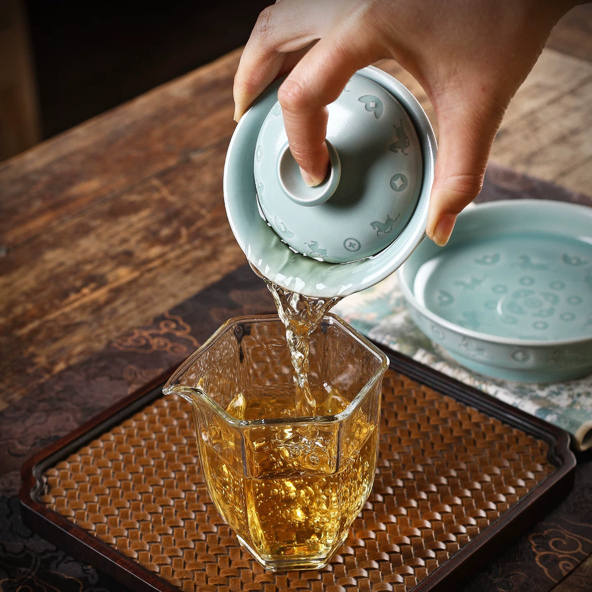 Longquan Celadon Hand-Carved  "Horse & Wealth" Gaiwan 150ml
