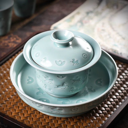 Longquan Celadon Hand-Carved  "Horse & Wealth" Gaiwan 150ml