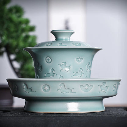 Longquan Celadon Hand-Carved  "Horse & Wealth" Gaiwan 150ml