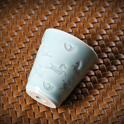 Longquan Celadon Hand-Carved "Horse & Wealth" Teacup 50ml