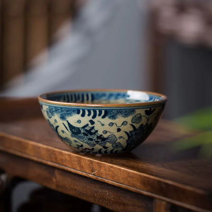 Blue and White Porcelain Underglaze Hand-Painted Fish and Aquatic Plant Design Teacup 80ml