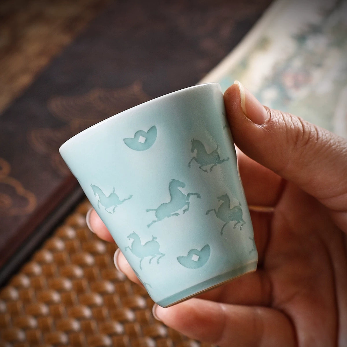 Longquan Celadon Hand-Carved "Horse & Wealth" Teacup 50ml