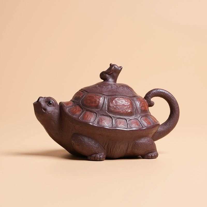Yixing Zisha Handmade “Longevity Turtle” Teapot with Jade Rabbit Lid