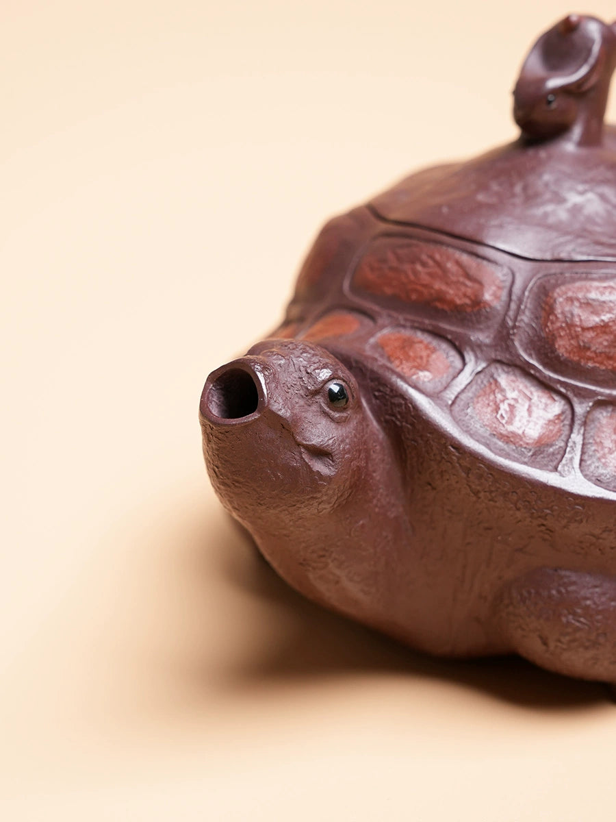 Yixing Zisha Handmade “Longevity Turtle” Teapot with Jade Rabbit Lid