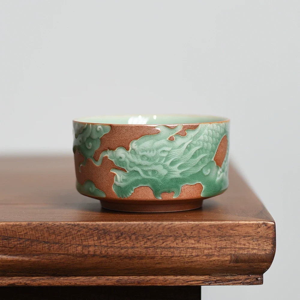 Handmade Longquan Celadon Dragon Teacup - Plum Green Glaze