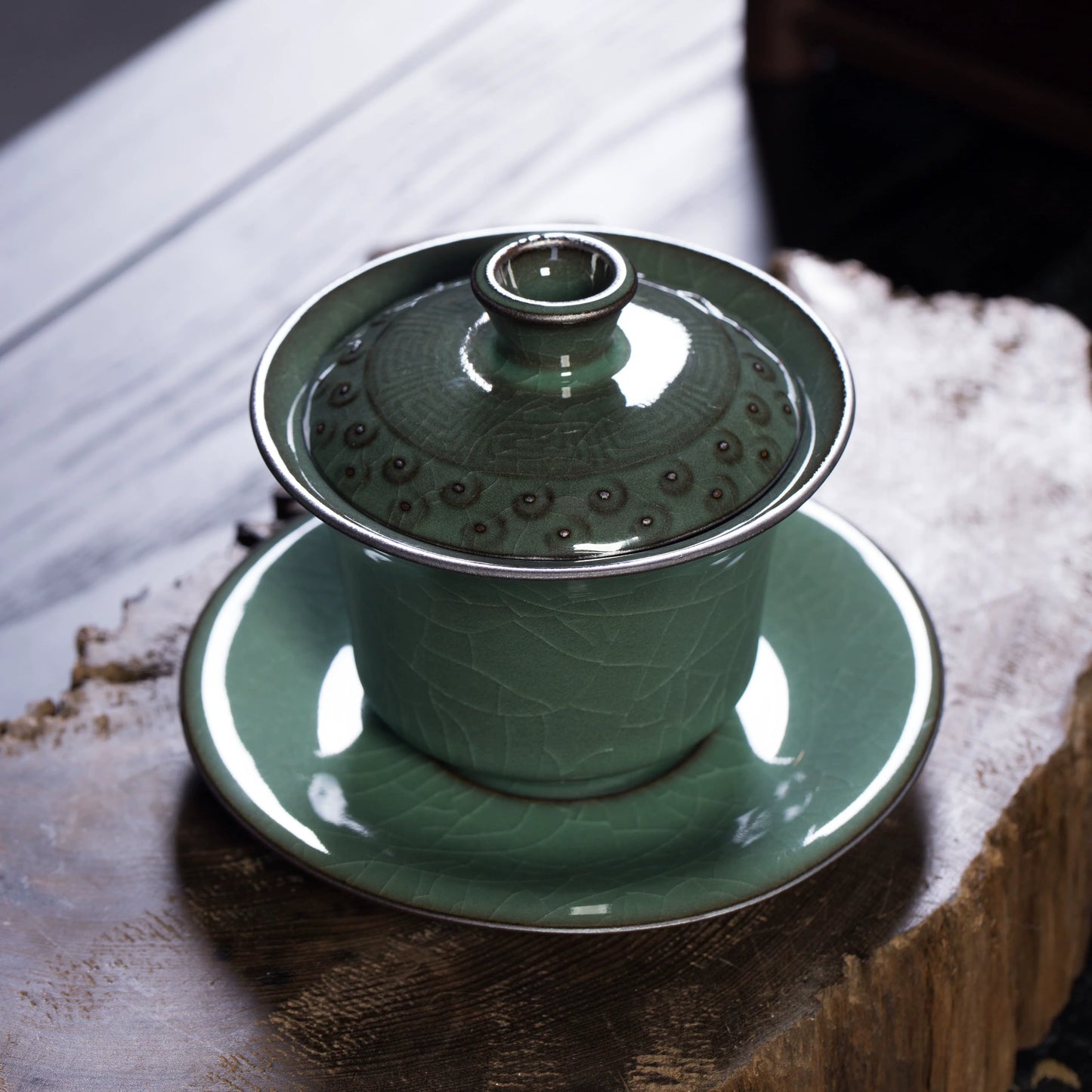 Longquan Celadon "Ge" Kiln Iron-Clay Ice-Crackle Sancai Gaiwan 240ml