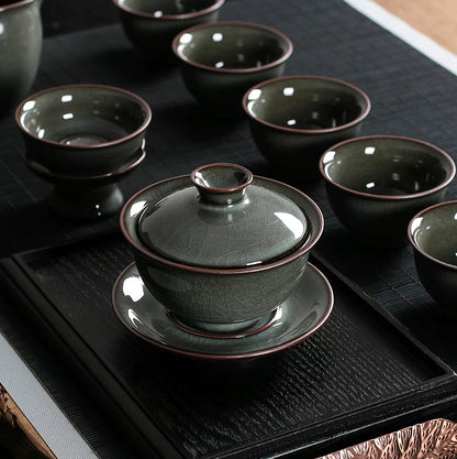 Longquan Celadon Ge Kiln  "Forest Green" 10-Piece Gongfu Tea Set