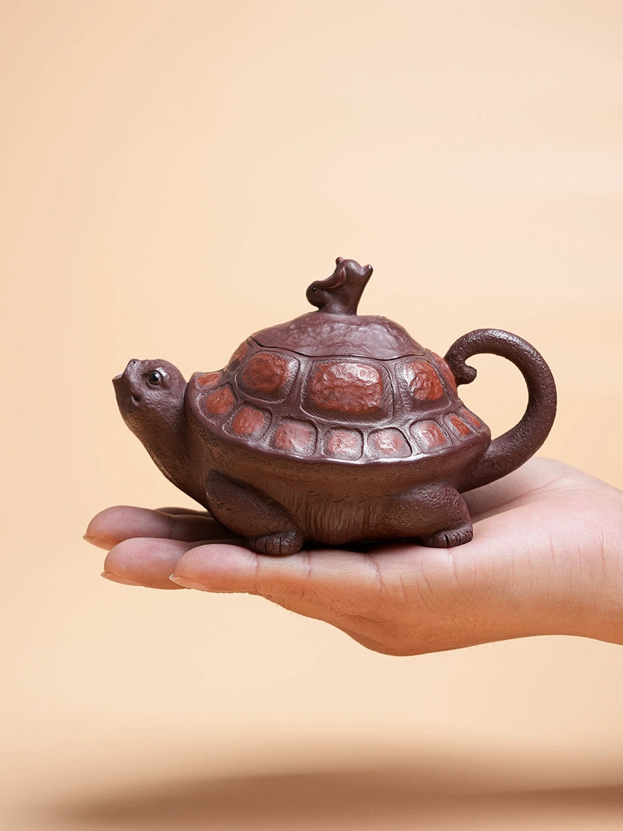 Yixing Zisha Handmade “Longevity Turtle” Teapot with Jade Rabbit Lid
