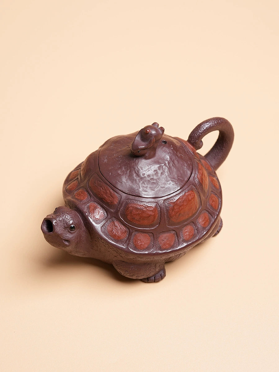 Yixing Zisha Handmade “Longevity Turtle” Teapot with Jade Rabbit Lid