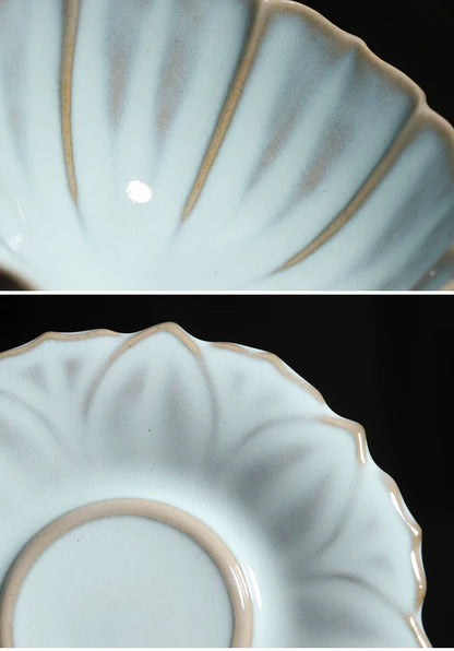 Jun Ware Fluted Chrysanthemum Tea Bowl with Pedestal Saucer Set 150ml