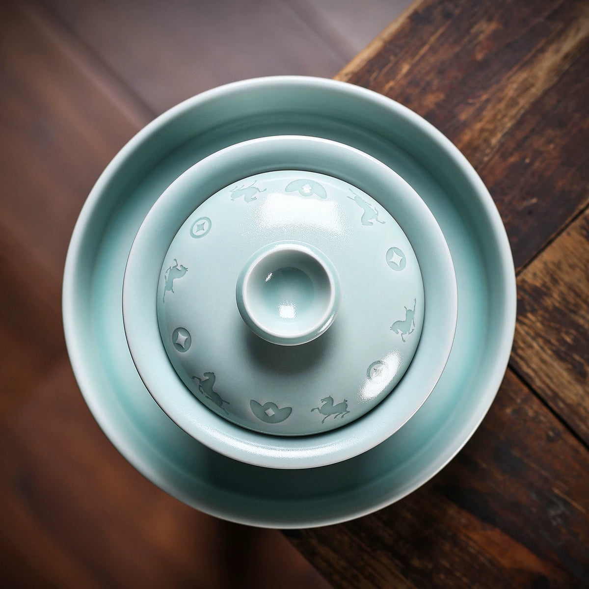 Longquan Celadon Hand-Carved  "Horse & Wealth" Gaiwan 150ml