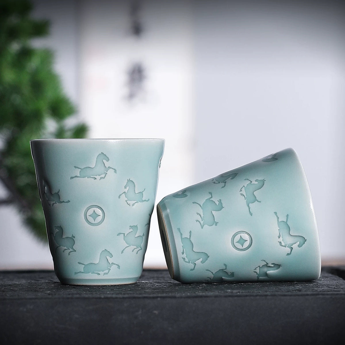 Longquan Celadon Hand-Carved "Horse & Wealth" Teacup 50ml