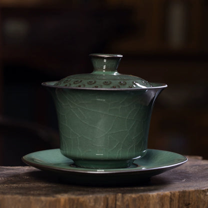 Longquan Celadon "Ge" Kiln Iron-Clay Ice-Crackle Sancai Gaiwan 240ml