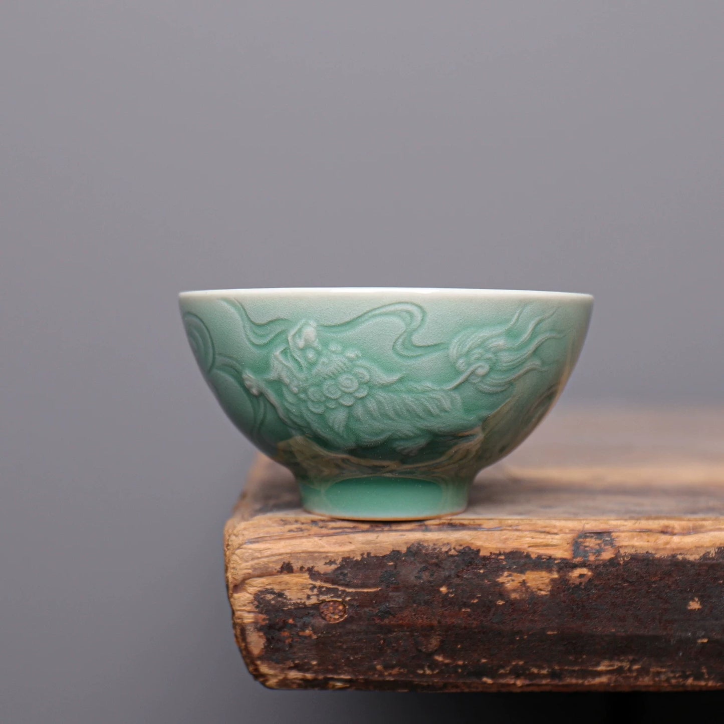 Longquan Celadon “Lion Playing with Ball” Plum-Green Teacup 100ml