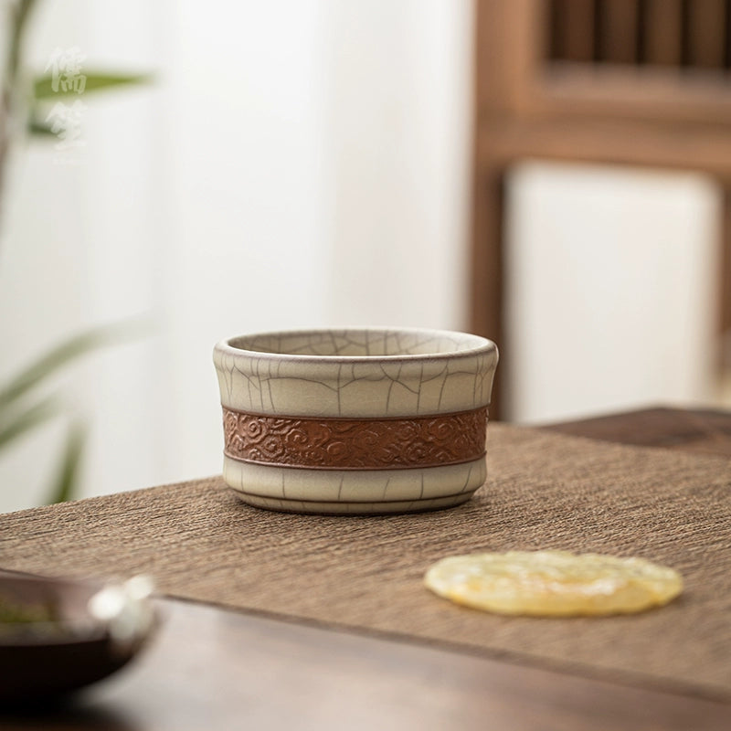 Longquan Celadon Ge Kiln Crackle Carved Hand Teacup