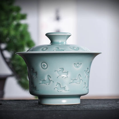 Longquan Celadon Hand-Carved  "Horse & Wealth" Gaiwan 150ml