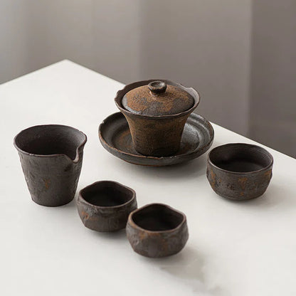 Théière/service à thé Wabi-Sabi en argile brute cuite au bois avec anse latérale, fabriquée à la main
