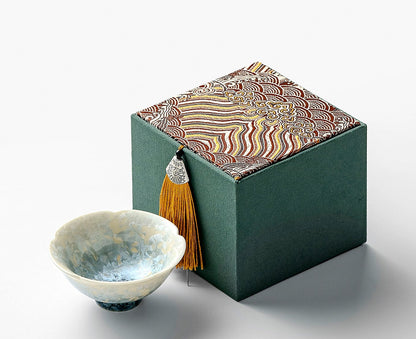 Handcrafted crystal ice flower teacup in smoky cyan kiln glaze