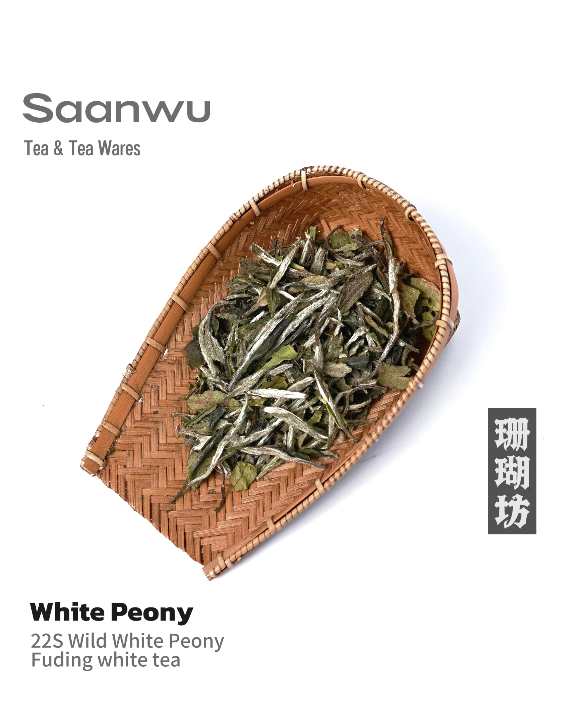 Detailed close-up of Wild White Peony loose tea leaves, highlighting the natural blend of silvery buds and young leaves