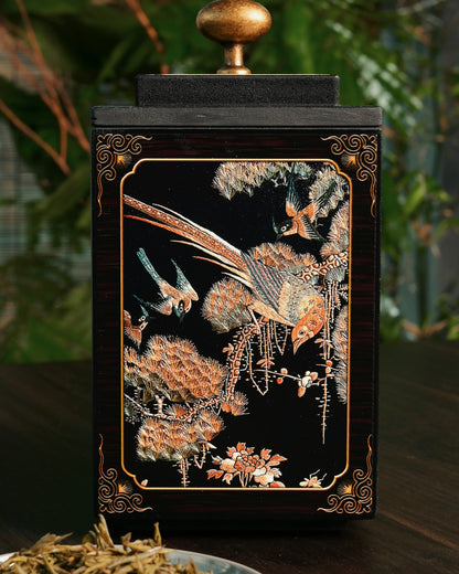 Traditional Chinese tea caddy featuring golden age scene with hundred birds paying homage to phoenix