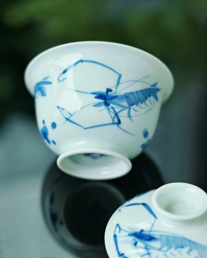 Jingdezhen handbemaltes Garnelen-Blau-und-Weiß-Porzellan-Gaiwan-Set