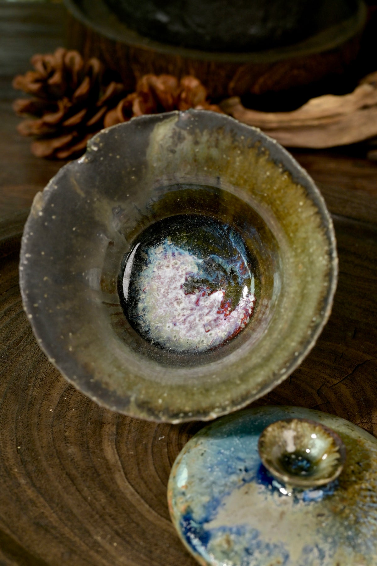 One-of-a-kind wood-fired stoneware tea bowl with moss green and sapphire drip glaze 150ml