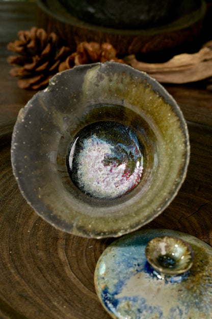 One-of-a-kind wood-fired stoneware tea bowl with moss green and sapphire drip glaze 150ml