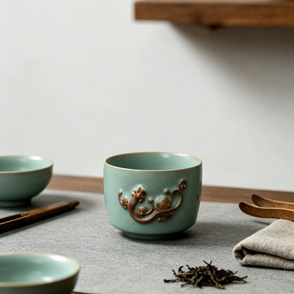 Handmade 150ml Ru Ware teacup displaying jade-like matte texture and cicada wing crackle