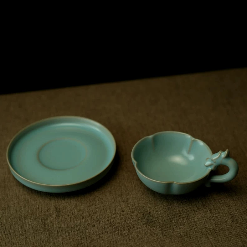 Handmade 85ml Ru Ware tea and espresso cup displaying jade-like texture and cicada wing crackle   