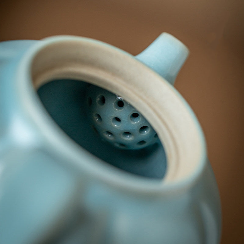 Handmade Ru Ware 200ml pumpkin teapot displaying jade-like matte glaze texture and micro crackle